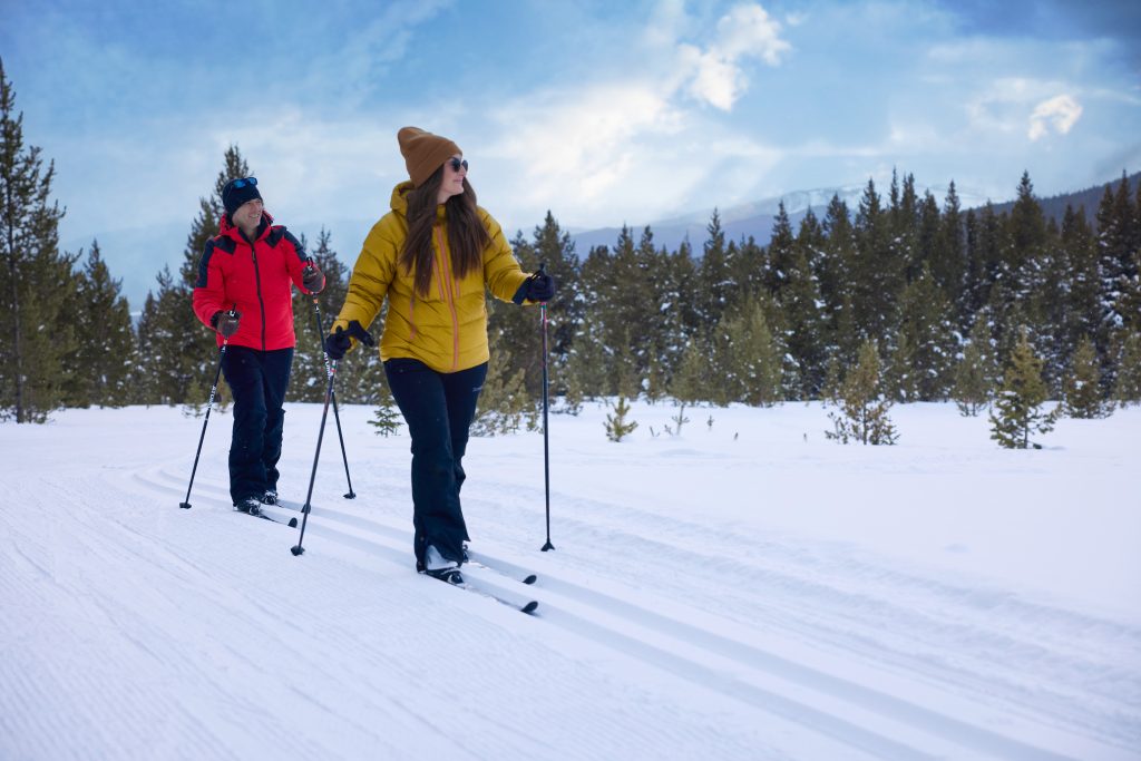 Two people cross-country skiing on a snowy trail in a forest. One wears a yellow jacket, the other red. The atmosphere is calm under a blue sky.