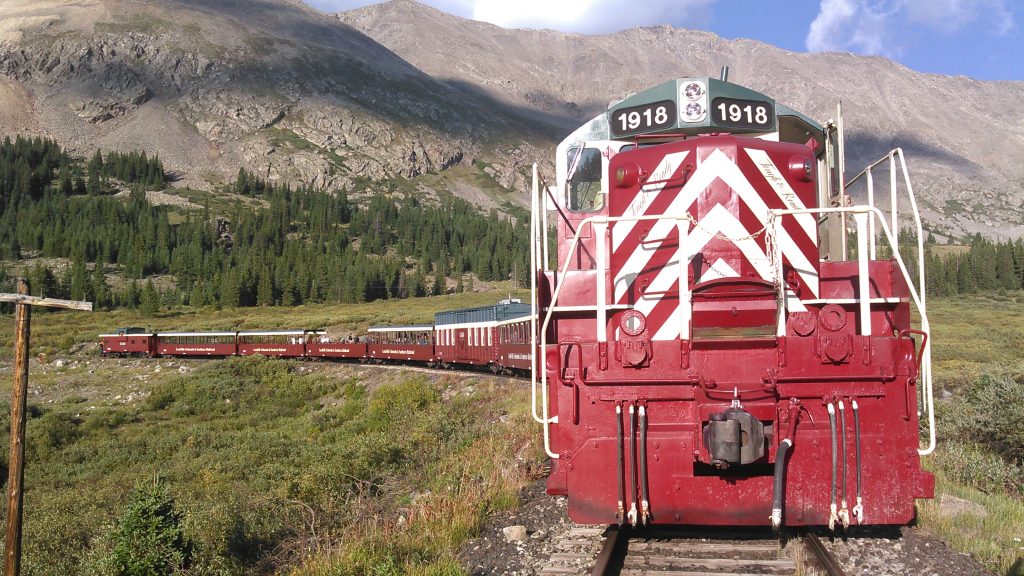 train parked in a filed with mountains in the back ground.