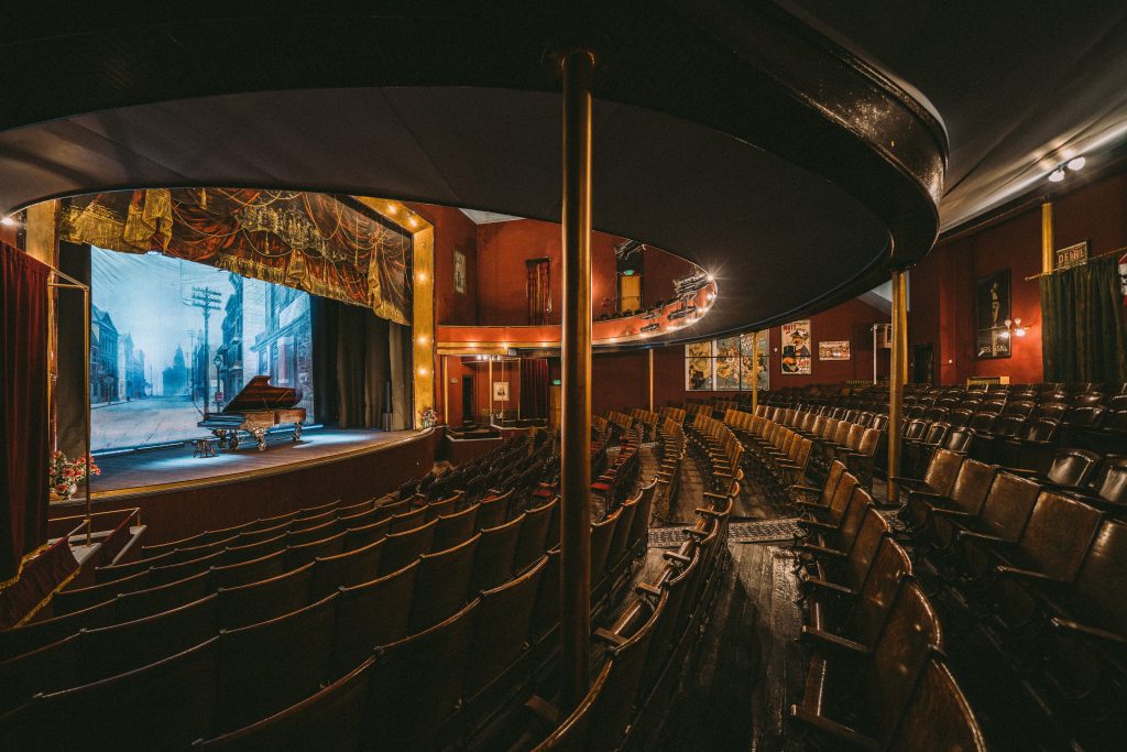 The historic stage and seating inside the Tabor Opera House in Leadville, Colorado