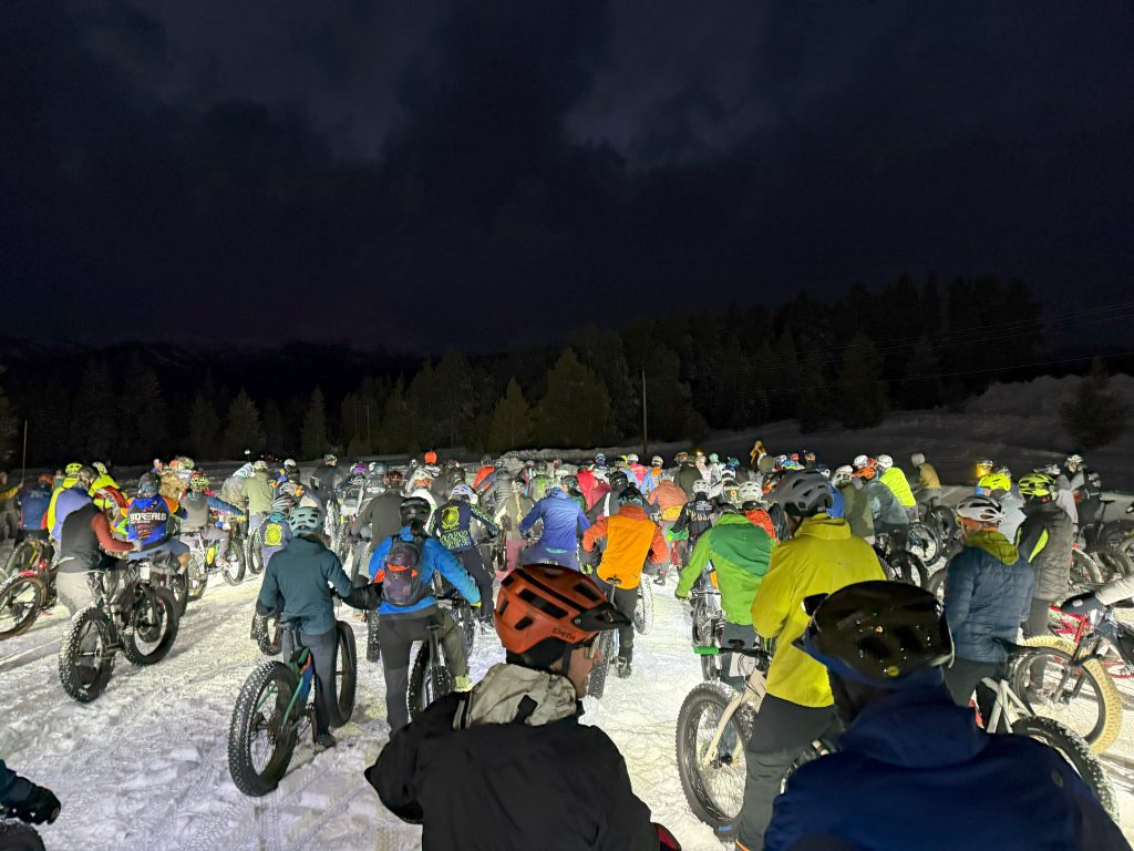 start line of a bike race in winter.