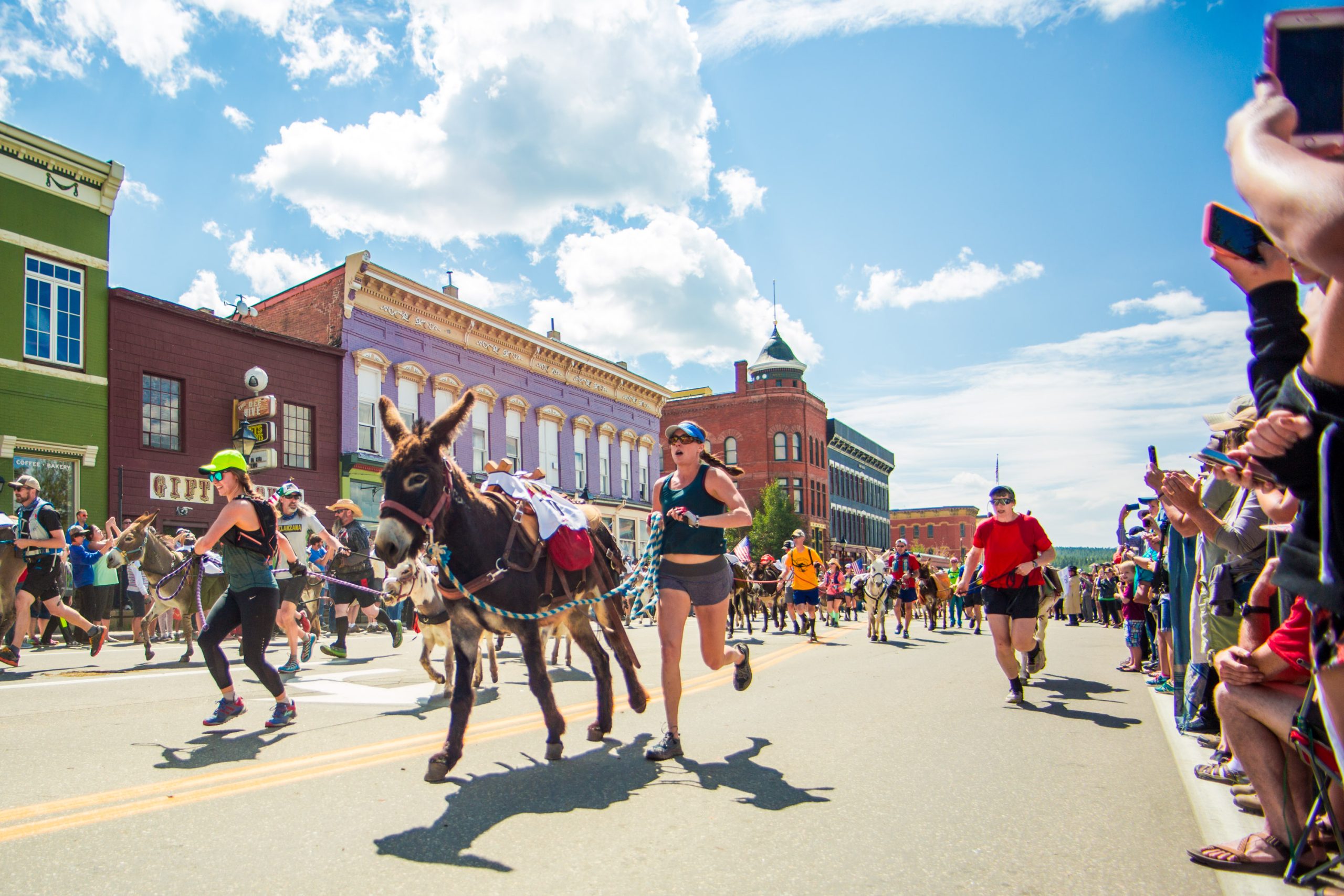 people running with donkey on main street.