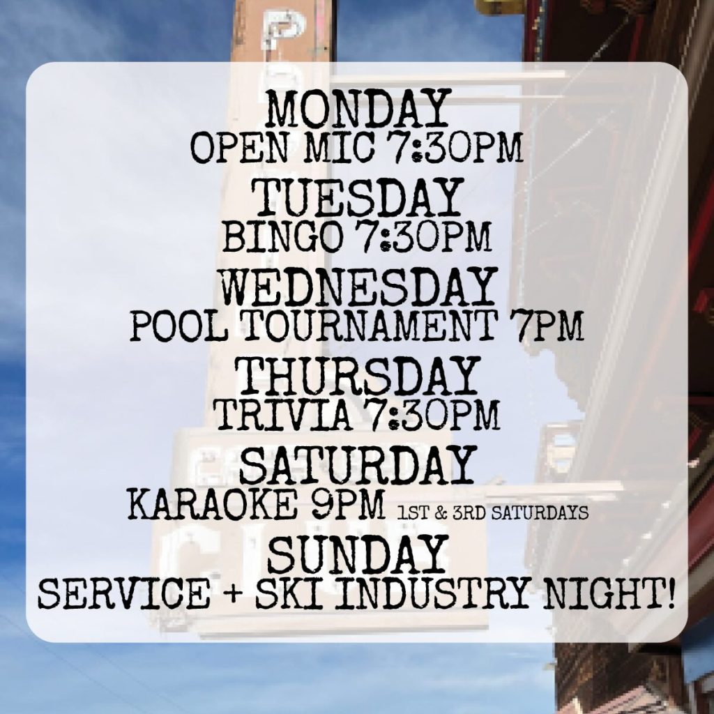Weekly event schedule in bold black text on a faded city background. Activities include open mic, bingo, pool, trivia, karaoke, and themed nights.
