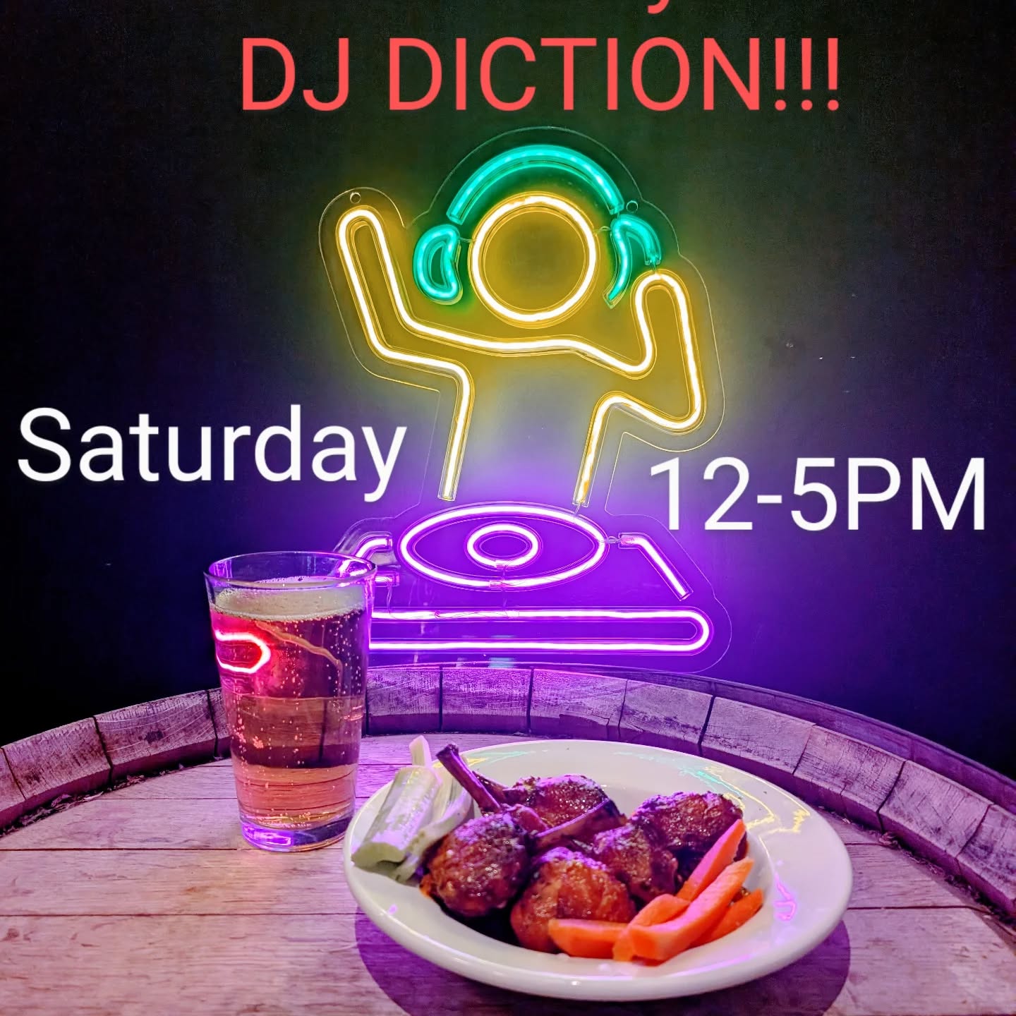 Neon sign disc jockey in background with wings and a beer in the foreground