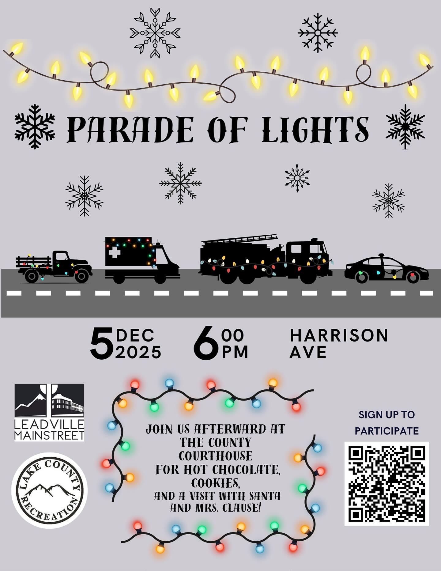 Festive "Parade of Lights" poster with vehicles outlined in lights, date and time details, snowflakes, and invitations for hot chocolate and Santa visits.