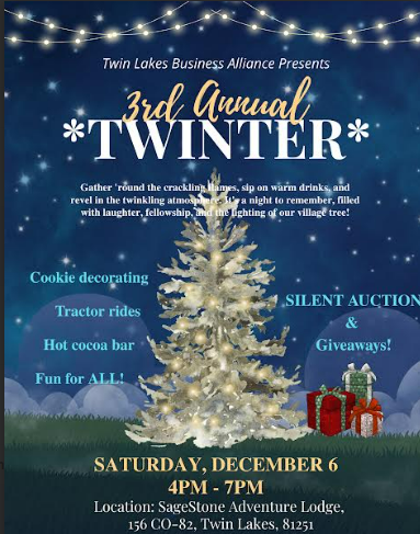Festive poster for the "3rd Annual Twinter" event. Features a lit tree, dark sky with stars, and details activities like cookie decorating and tractor rides.