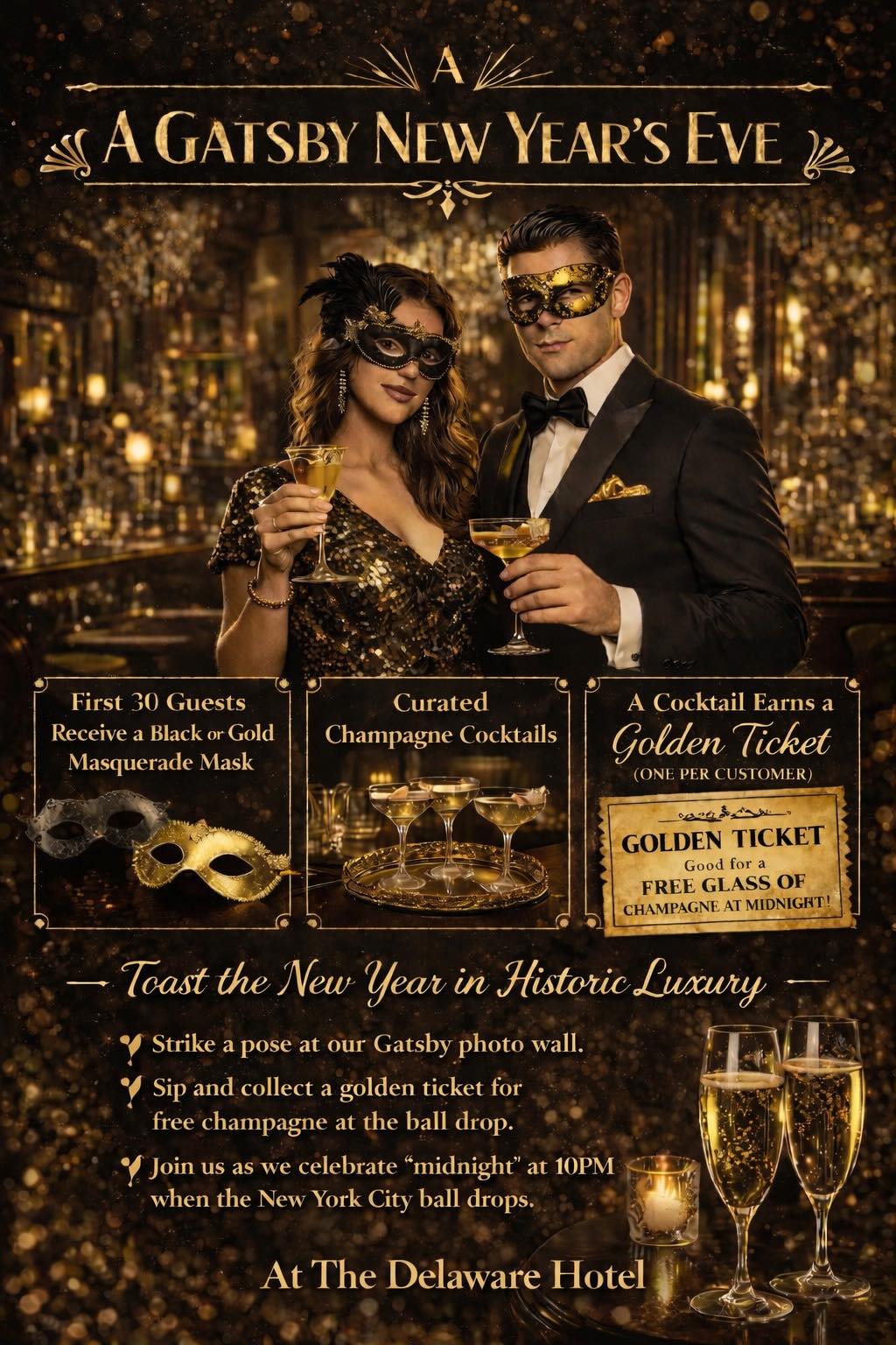 A glamorous Gatsby-themed New Year's Eve party poster showing a couple in elegant attire and masks, holding champagne. Features include masquerade masks, curated cocktails, and a golden ticket offer for champagne at midnight. Atmosphere is luxurious and festive, with details on the historic Delaware Hotel setting.