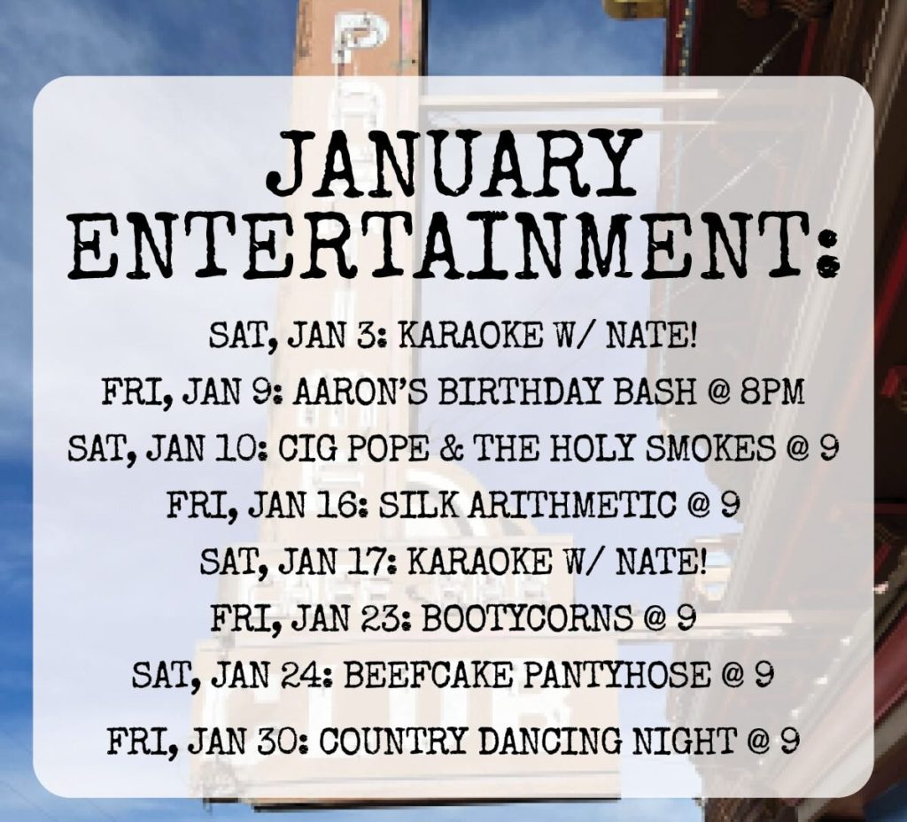 January entertainment events listed on a sign with a cloudy sky in the background. Includes karaoke, birthdays, live music, and dancing nights.