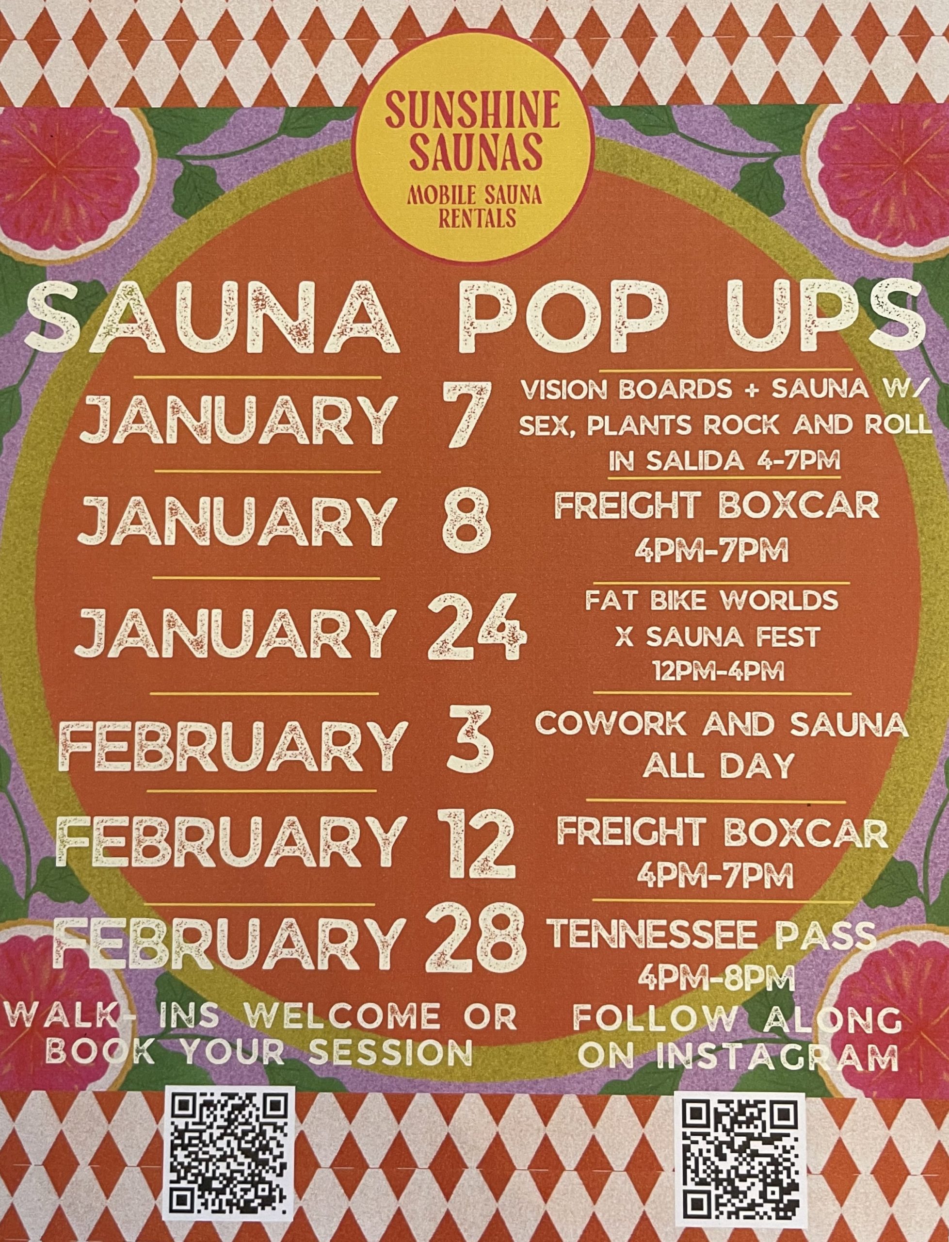 Event flyer titled "Sunshine Saunas: Sauna Pop-Ups" features dates and locations from Jan 7 to Feb 28. Background includes colorful citrus slices.