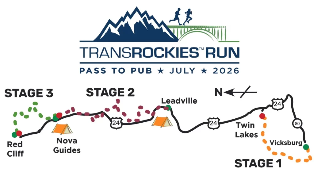 Map of the TransRockies Run from Vicksburg to Red Cliff in three stages. Includes mountain logo, runner icons, and tent symbols for campsites.