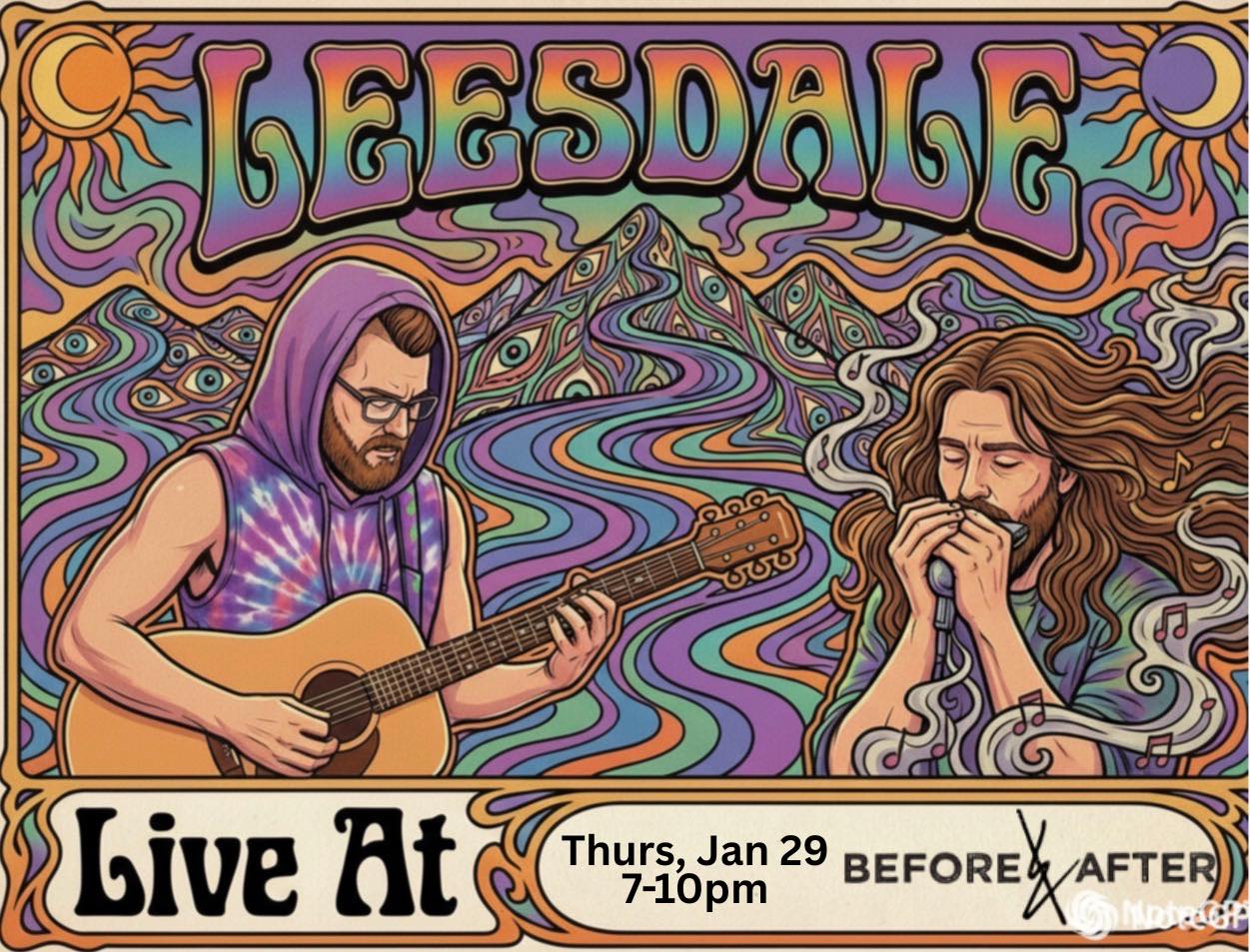 Psychedelic poster featuring two men with guitars, colorful swirling patterns, and stylized text "Leesdale." Details a live performance, Jan 29, 7-10pm. Vibrant and retro.