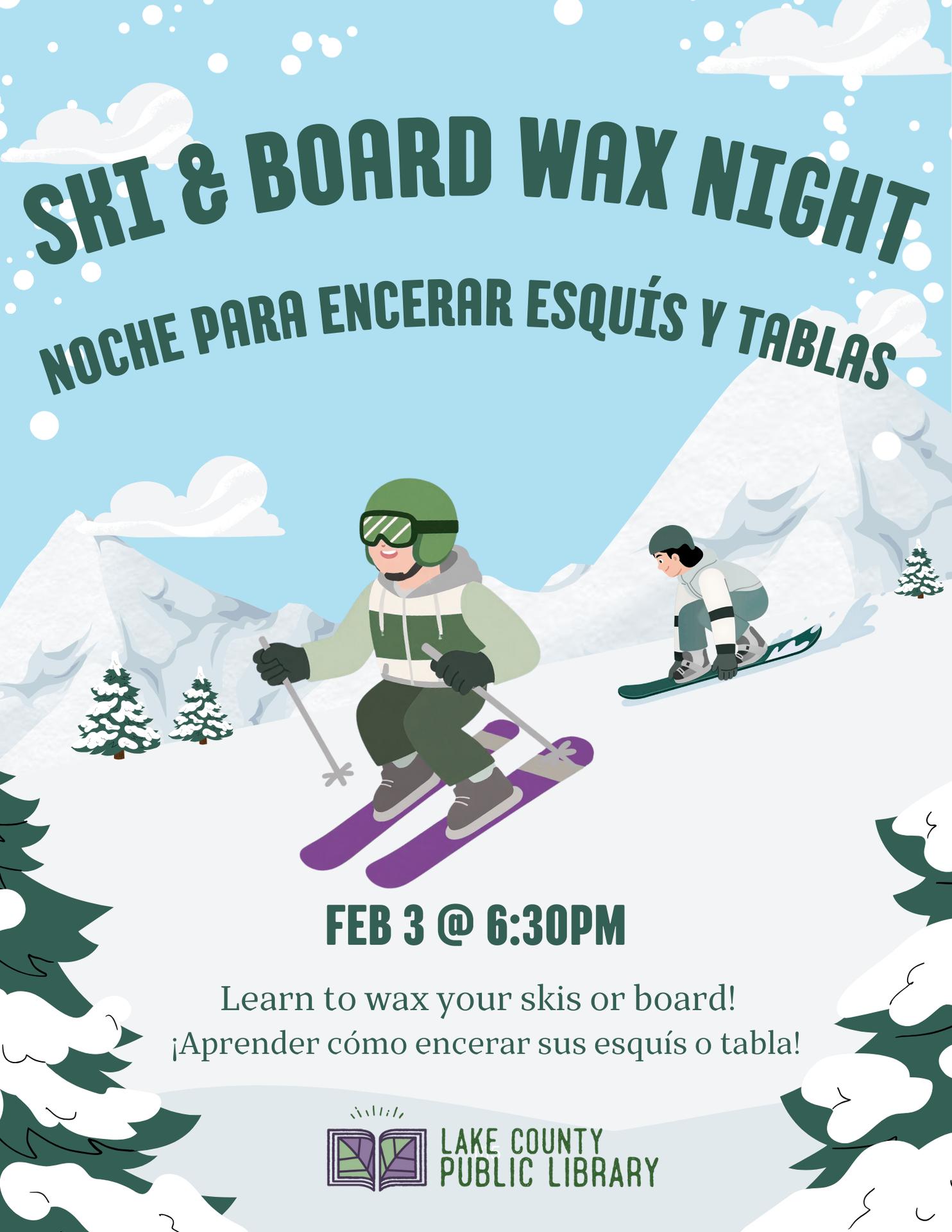 Illustrated winter scene with skiers and snowboarders in snowy mountains. Text: "Ski & Board Wax Night, Feb 3 @ 6:30PM, Lake County Public Library."