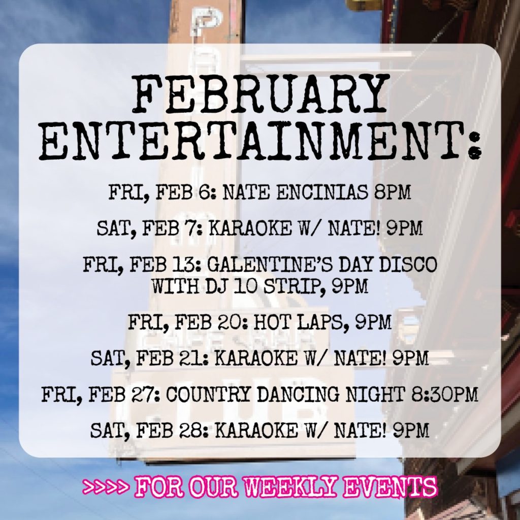 Image of a February entertainment schedule featuring events like live music, karaoke, and a disco night. Background shows a partial building and cloudy sky.