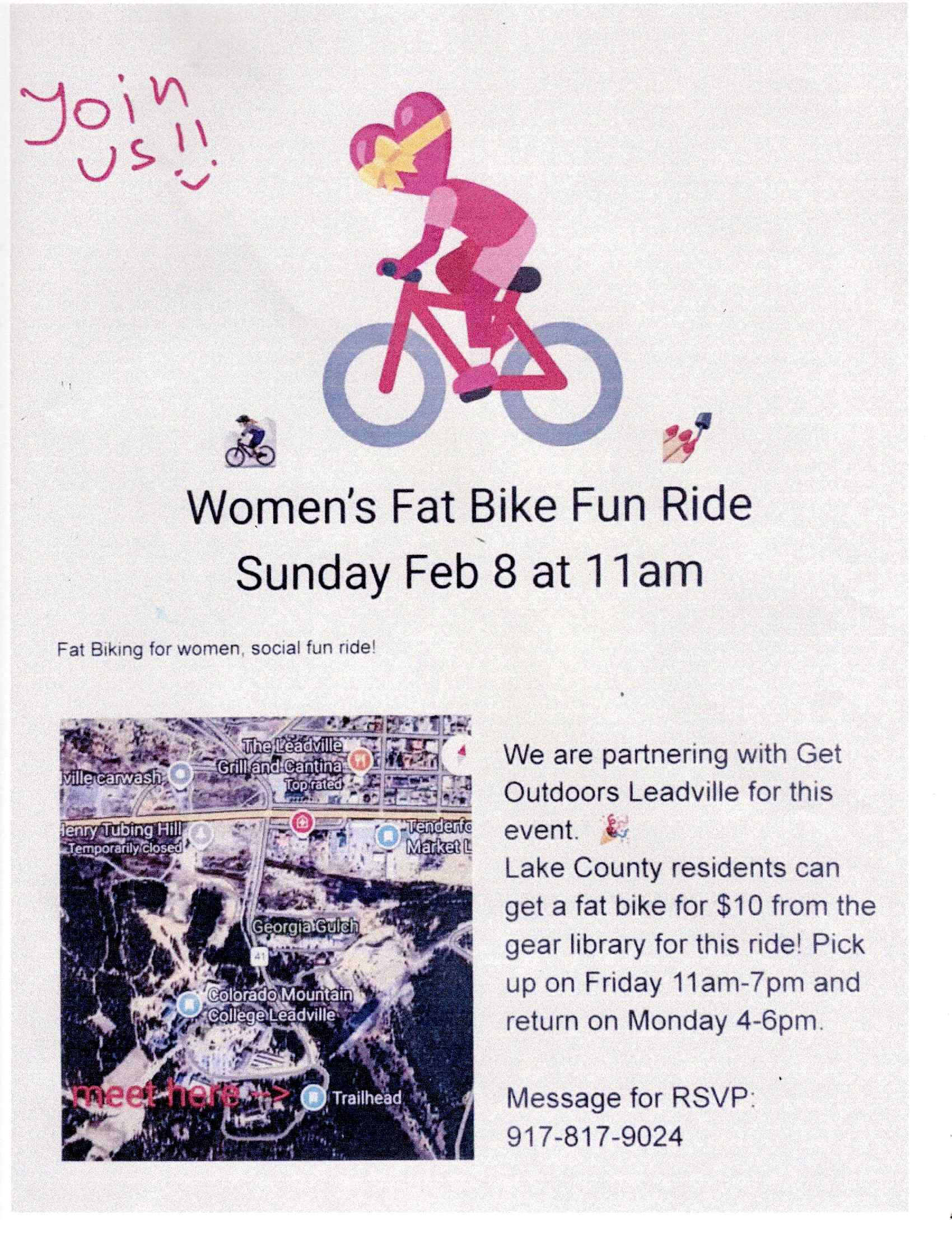 Flyer for a Women's Fat Bike Fun Ride on Sunday, February 8 at 11 am. Includes colorful bike graphic, map, "Join us!!" text, and RSVP contact.