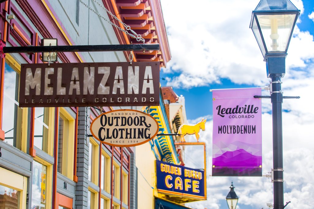 Harrison Avenue storefronts in downtown Leadville Colorado including the Melanzana outdoor clothing shop